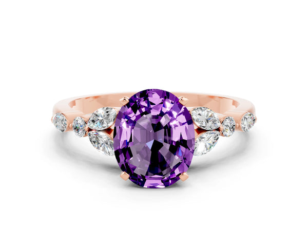 Rose gold Oval Cut Amethyst Solitaire Ring with Side Stones and Four-Prong Setting