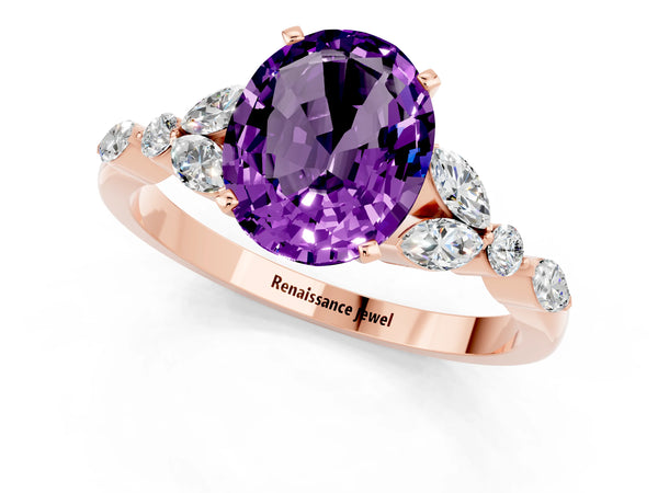 Rose gold Oval Cut Amethyst Solitaire Ring with Side Stones and Four-Prong Setting