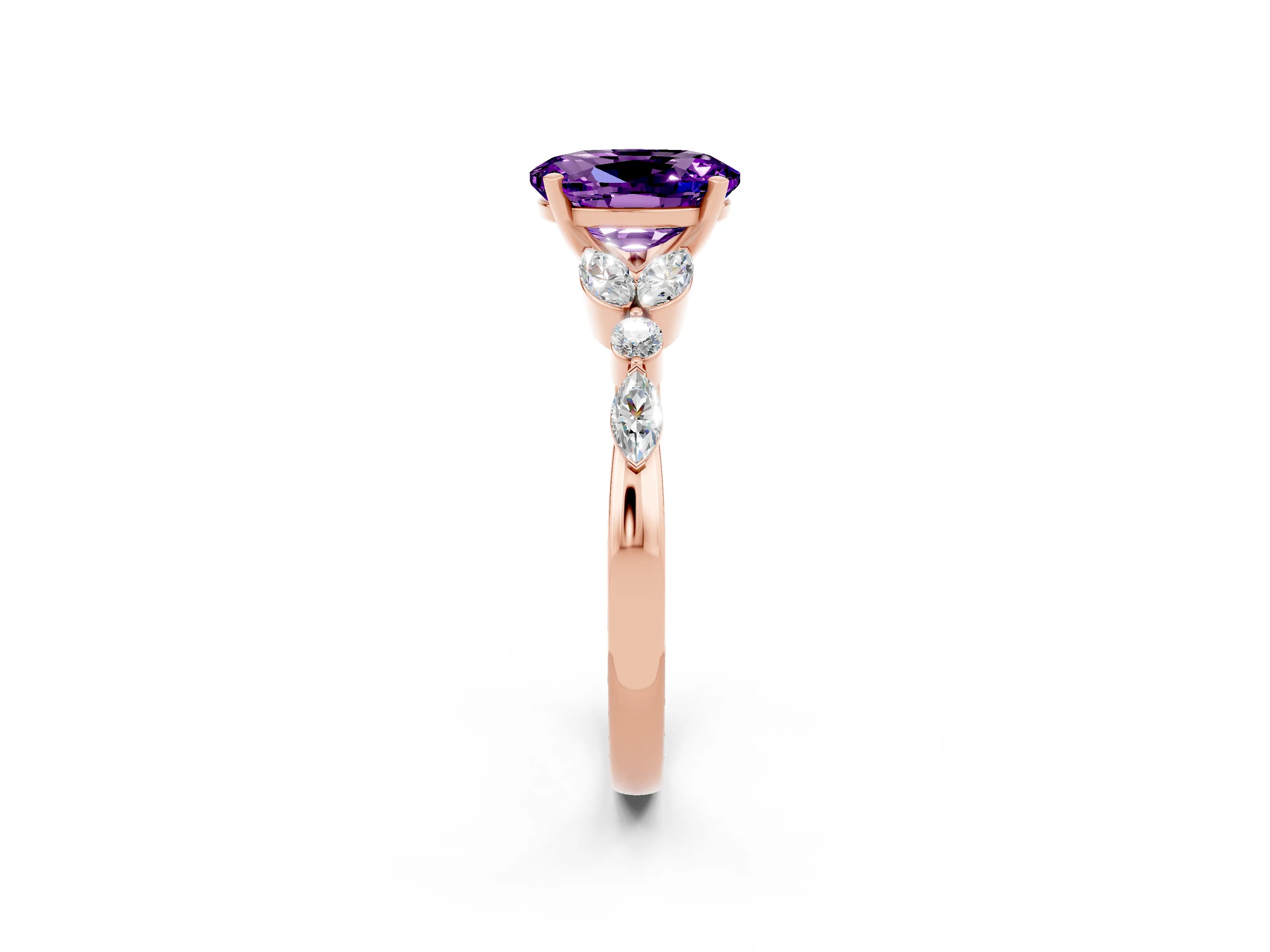 Rose gold Oval Cut Amethyst Solitaire Ring with Side Stones and Four-Prong Setting_14