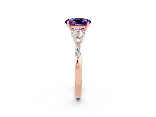 Rose gold Oval Cut Amethyst Solitaire Ring with Side Stones and Four-Prong Setting