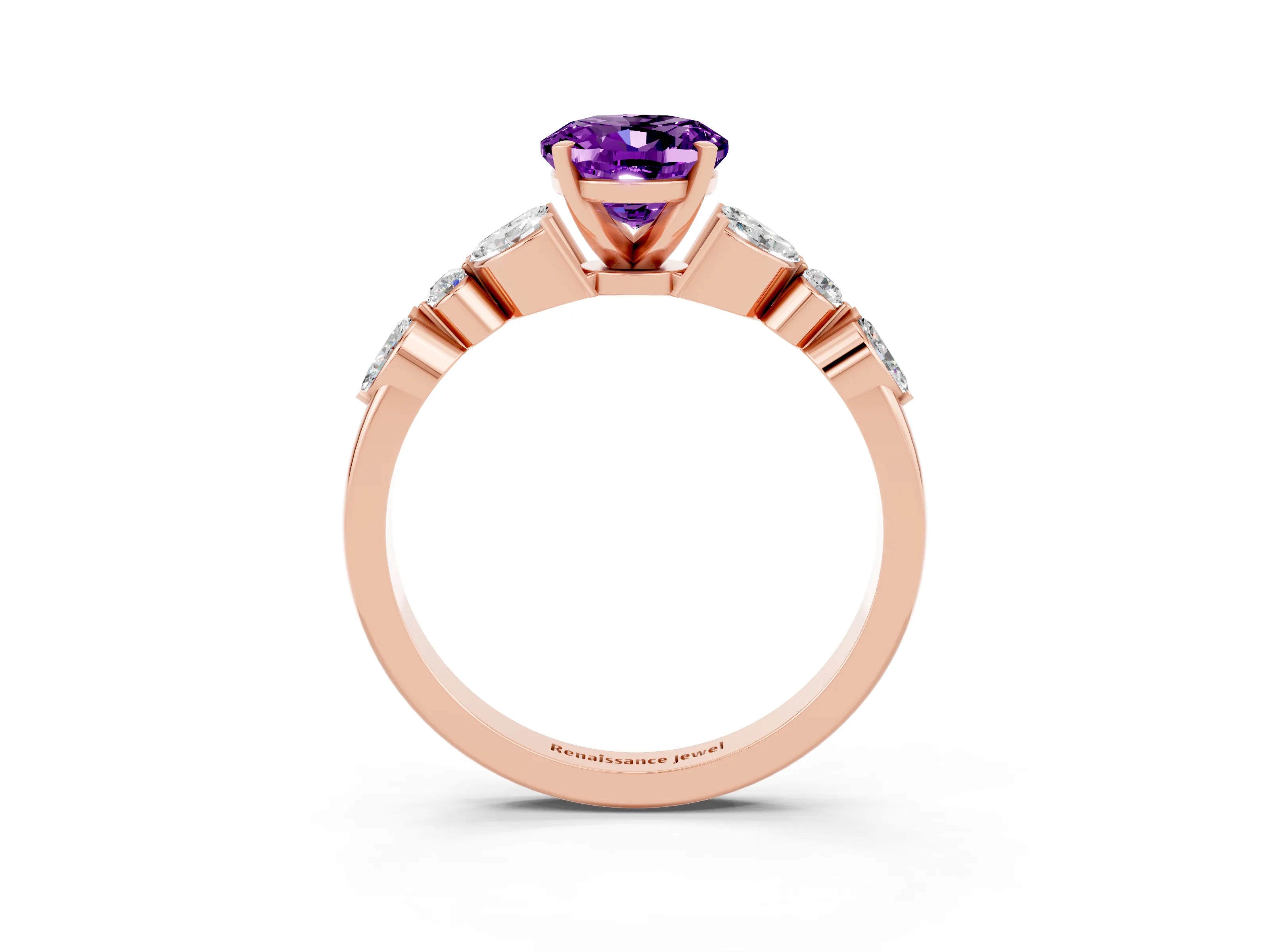 Rose gold Oval Cut Amethyst Solitaire Ring with Side Stones and Four-Prong Setting_15