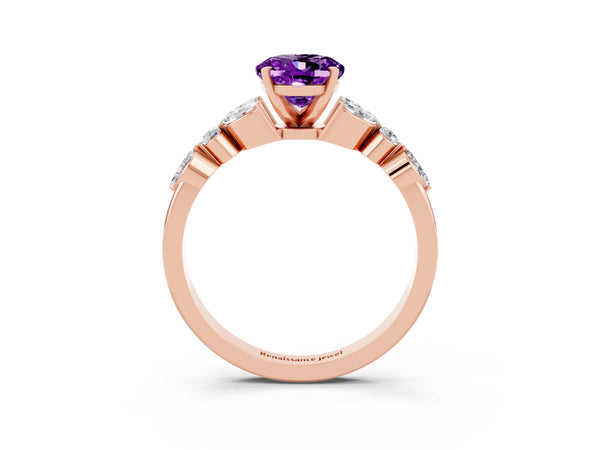 Rose gold Oval Cut Amethyst Solitaire Ring with Side Stones and Four-Prong Setting