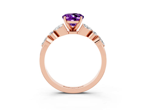 Rose gold Oval Cut Amethyst Solitaire Ring with Side Stones and Four-Prong Setting_15