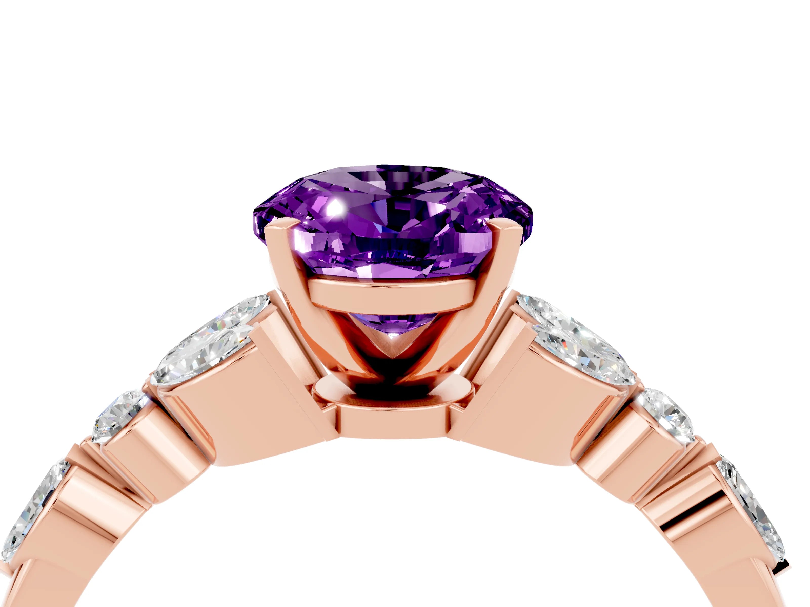 Rose gold Oval Cut Amethyst Solitaire Ring with Side Stones and Four-Prong Setting_16