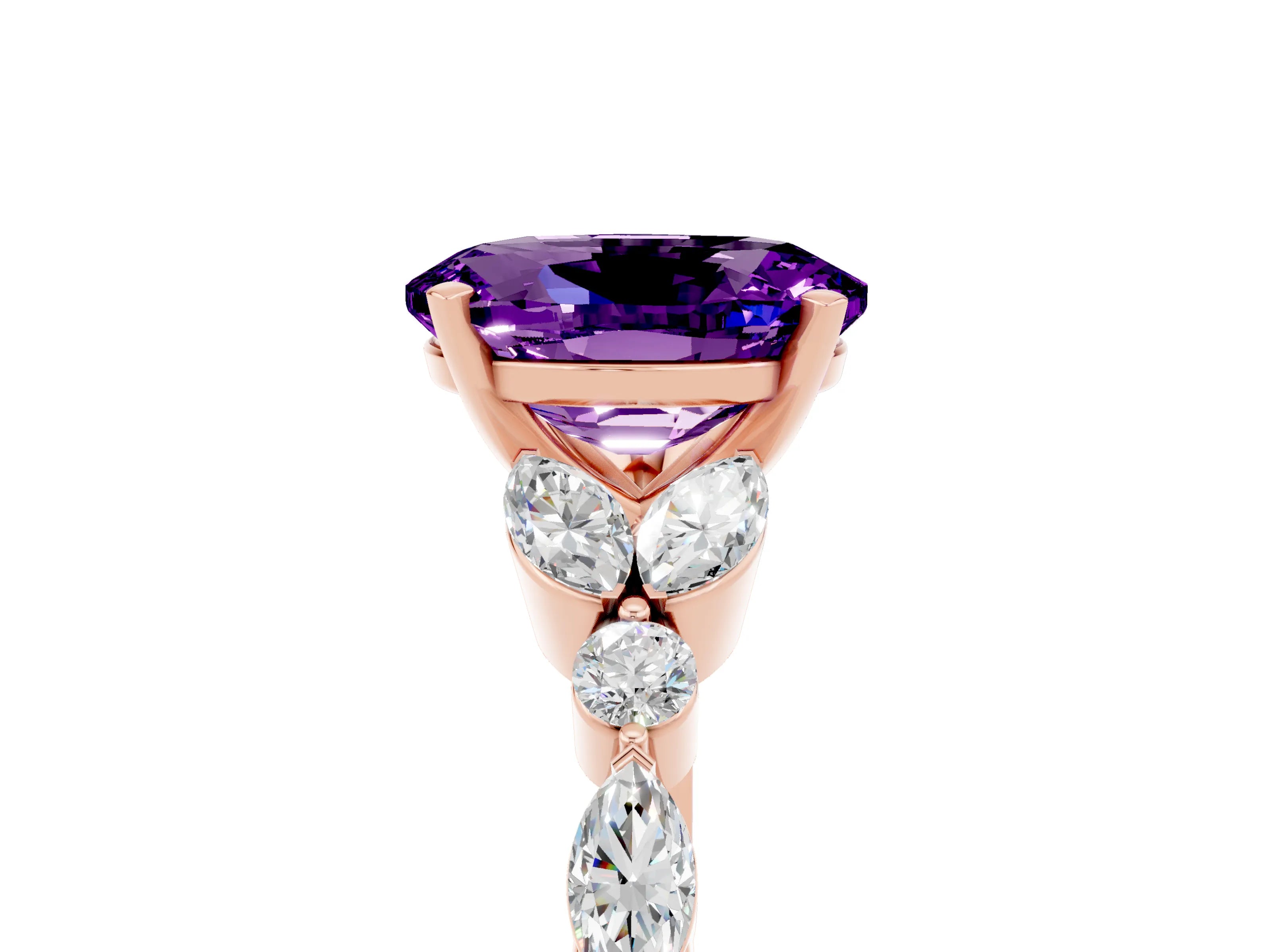 Rose gold Oval Cut Amethyst Solitaire Ring with Side Stones and Four-Prong Setting_17