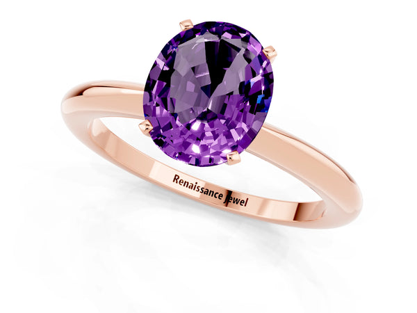 Rose gold Oval Cut Amethyst Solitaire Ring with Six-Prong Setting and Classic Band