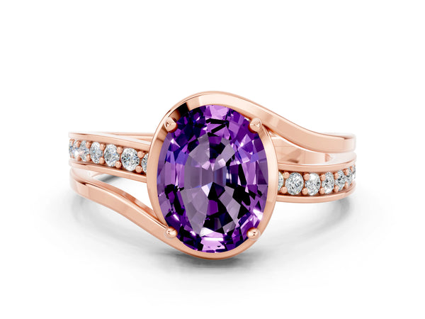 Rose gold Oval Cut Amethyst Solitaire Ring with Split Shank and Prong Setting