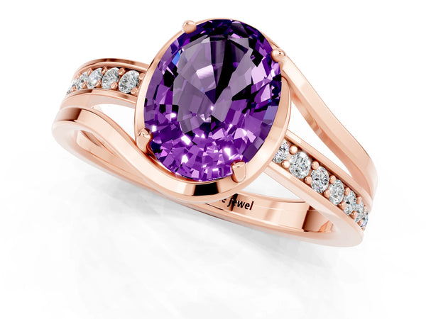 Rose gold Oval Cut Amethyst Solitaire Ring with Split Shank and Prong Setting