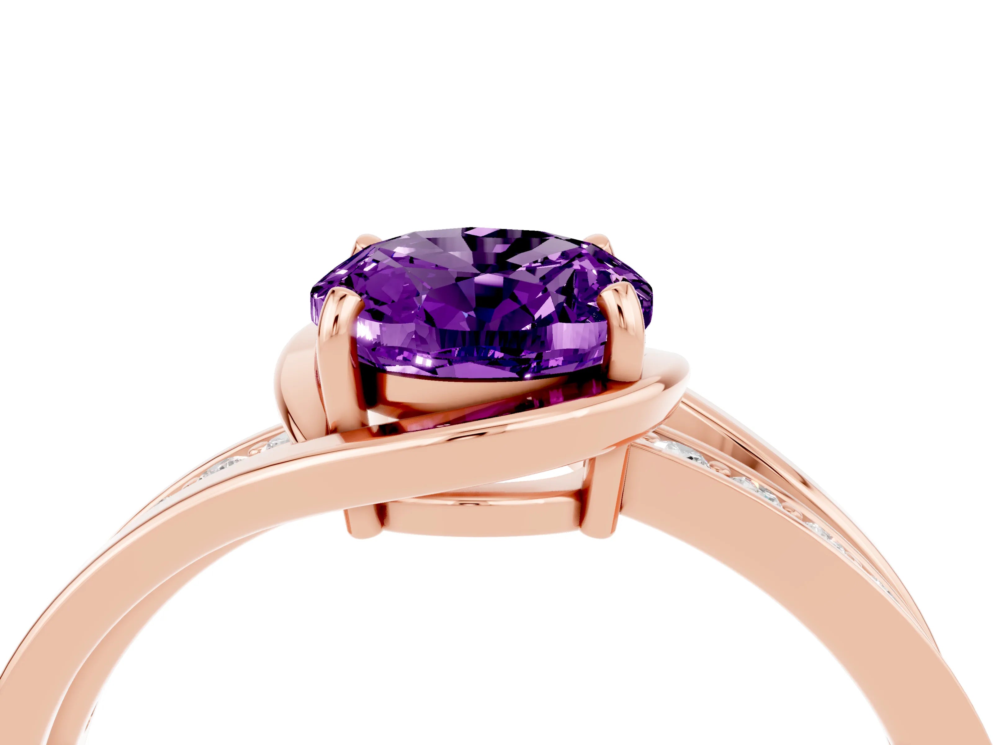 Rose gold Oval Cut Amethyst Solitaire Ring with Split Shank and Prong Setting_4