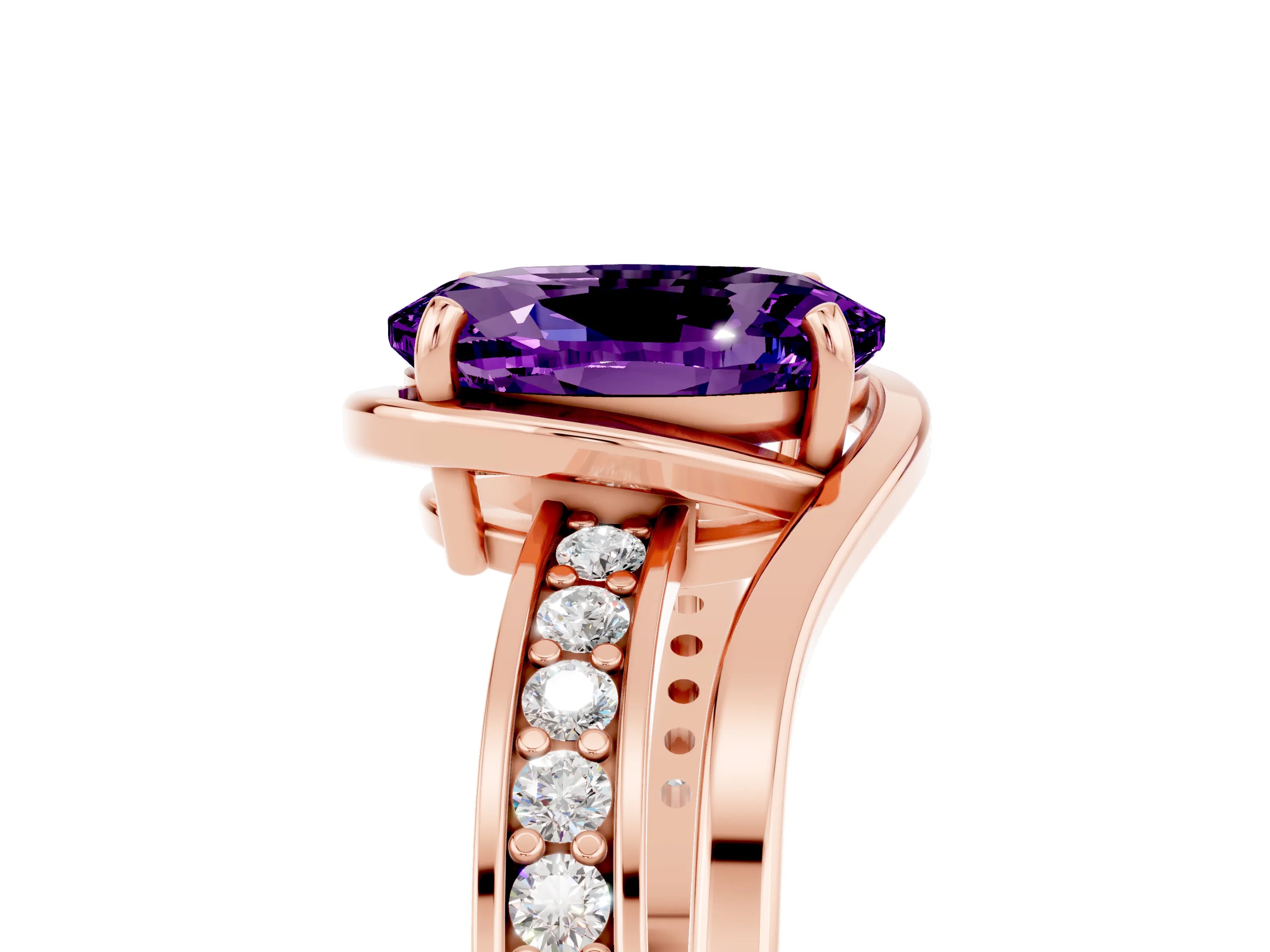 Rose gold Oval Cut Amethyst Solitaire Ring with Split Shank and Prong Setting_5
