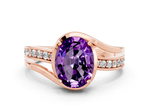 Rose gold Oval Cut Amethyst Solitaire Ring with Split Shank and Prong Setting