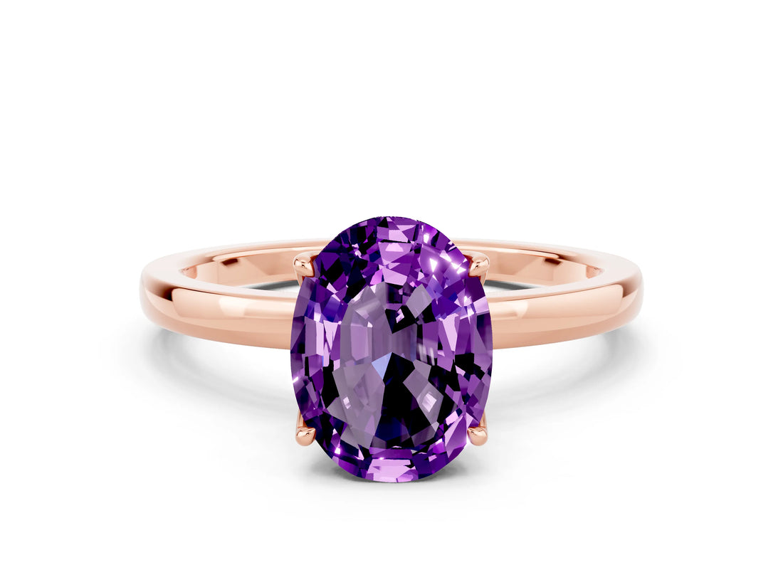 Rose gold Oval Cut Amethyst Solitaire Ring with Thin Band and Prong Setting_12