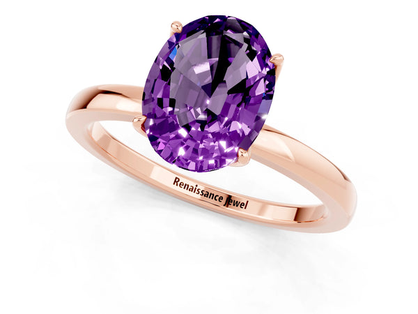 Rose gold Oval Cut Amethyst Solitaire Ring with Thin Band and Prong Setting