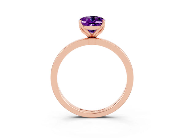 Rose gold Oval Cut Amethyst Solitaire Ring with Thin Band and Prong Setting