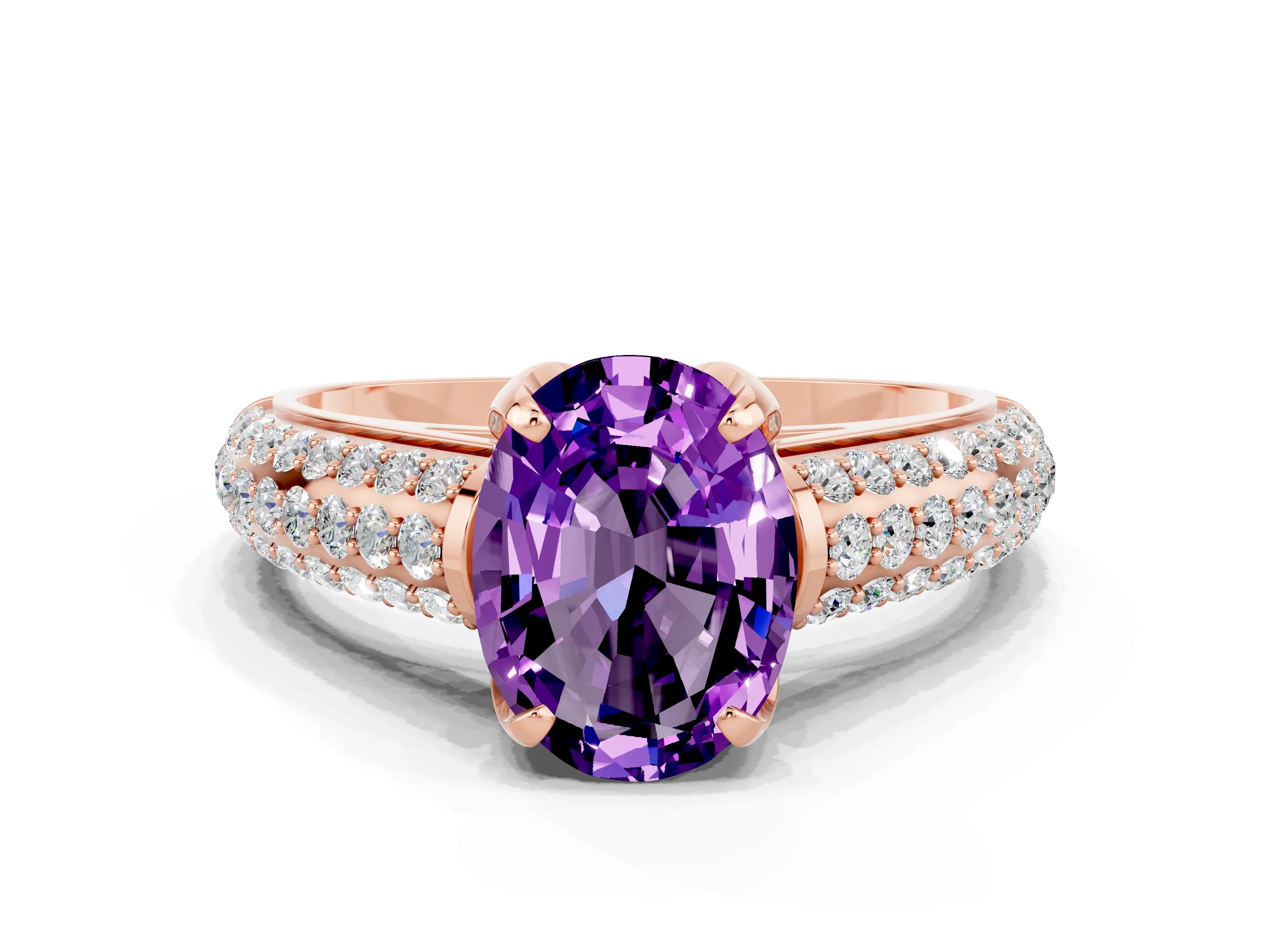 Rose gold Oval Cut Amethyst Solitaire Ring with Three-Row Pavé Band and Four-Prong Setting_12