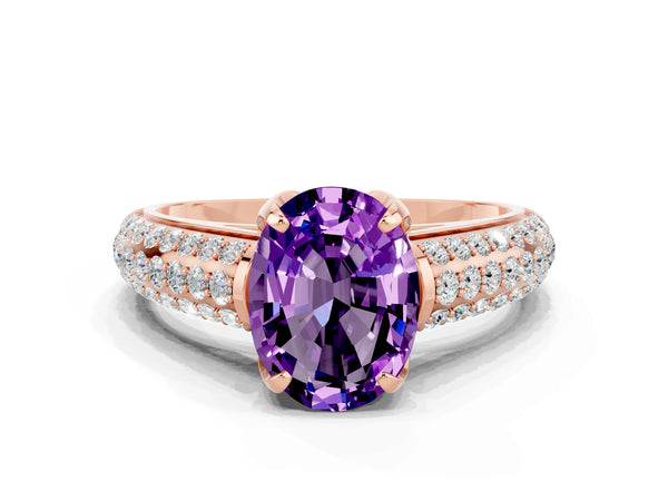 Rose gold Oval Cut Amethyst Solitaire Ring with Three-Row Pavé Band and Four-Prong Setting