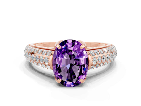 Rose gold Oval Cut Amethyst Solitaire Ring with Three-Row Pavé Band and Four-Prong Setting_12