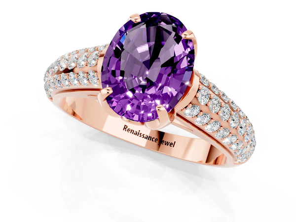 Rose gold Oval Cut Amethyst Solitaire Ring with Three-Row Pavé Band and Four-Prong Setting