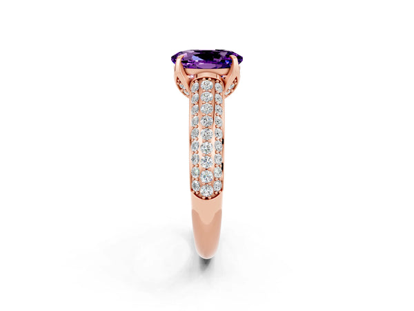 Rose gold Oval Cut Amethyst Solitaire Ring with Three-Row Pavé Band and Four-Prong Setting