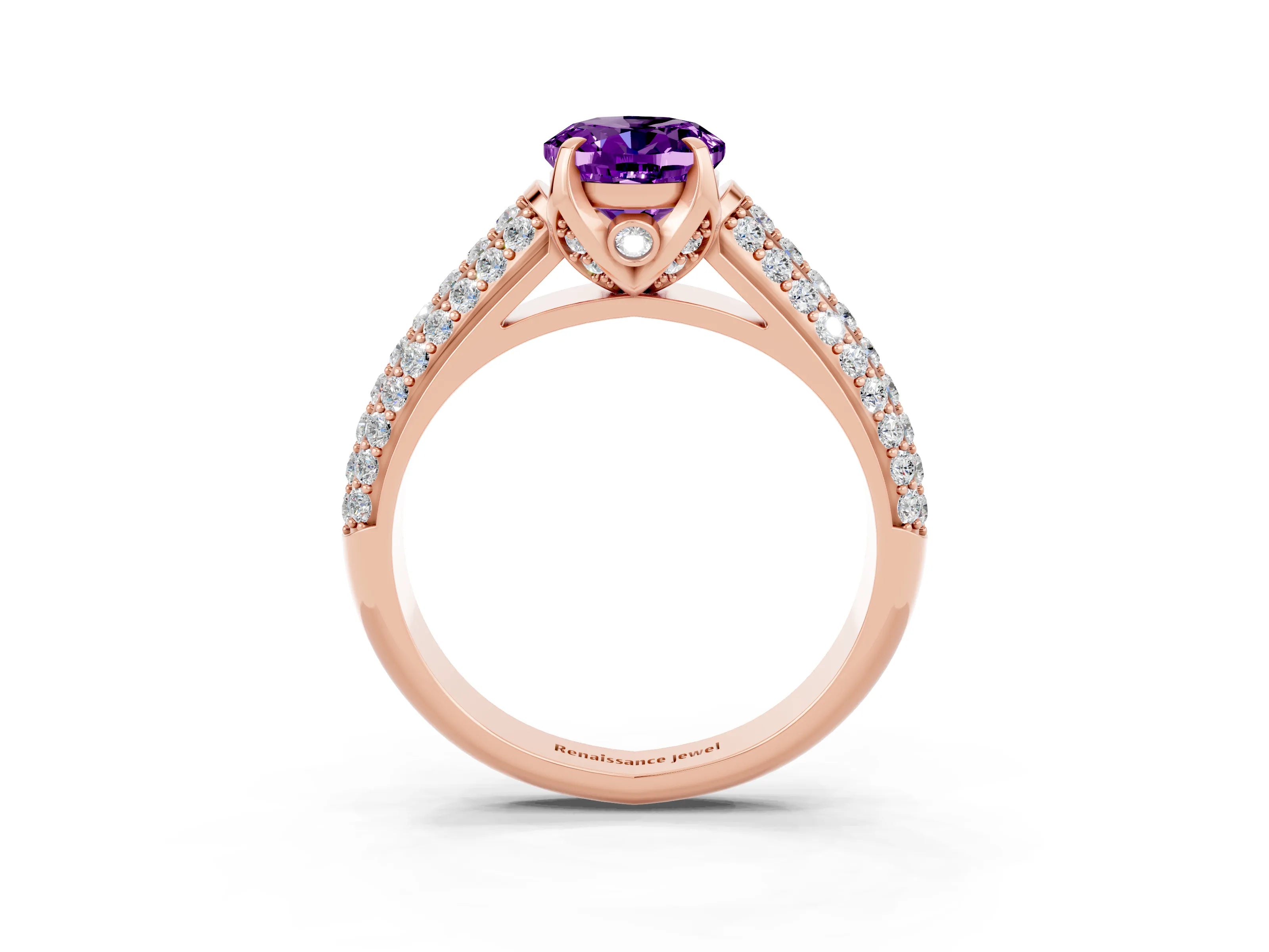 Rose gold Oval Cut Amethyst Solitaire Ring with Three-Row Pavé Band and Four-Prong Setting_15