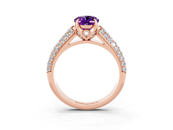 Rose gold Oval Cut Amethyst Solitaire Ring with Three-Row Pavé Band and Four-Prong Setting