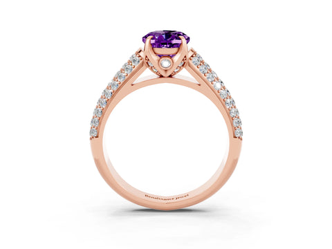 Rose gold Oval Cut Amethyst Solitaire Ring with Three-Row Pavé Band and Four-Prong Setting_15