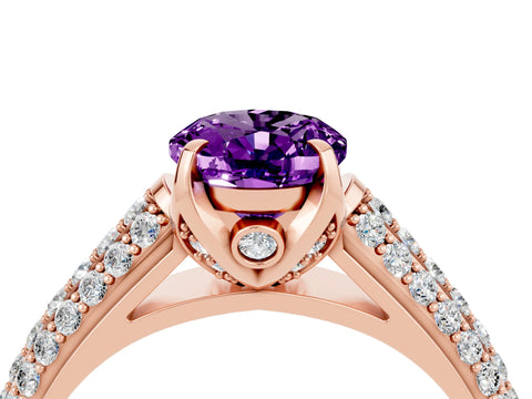 Rose gold Oval Cut Amethyst Solitaire Ring with Three-Row Pavé Band and Four-Prong Setting_16