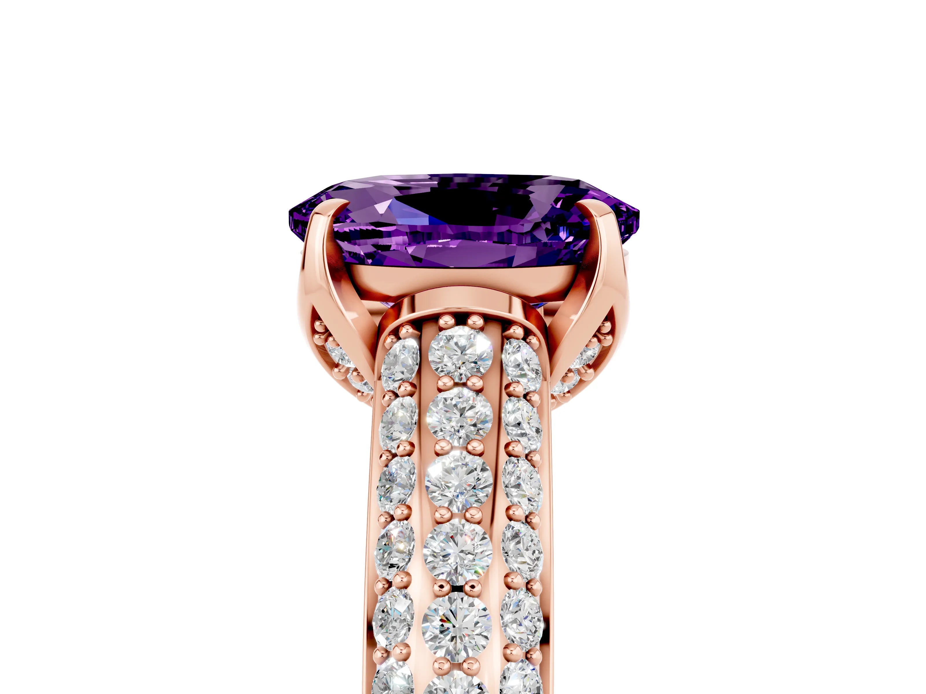 Rose gold Oval Cut Amethyst Solitaire Ring with Three-Row Pavé Band and Four-Prong Setting_17