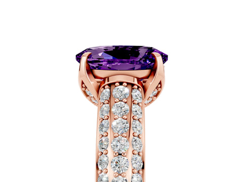 Rose gold Oval Cut Amethyst Solitaire Ring with Three-Row Pavé Band and Four-Prong Setting_17