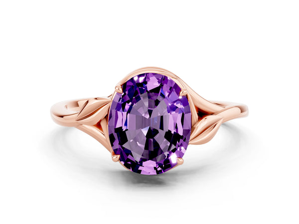 Rose gold Oval Cut Amethyst Solitaire Ring with Twist Band and Four-Prong Setting