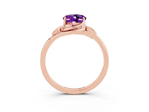 Rose gold Oval Cut Amethyst Solitaire Ring with Twist Band and Four-Prong Setting