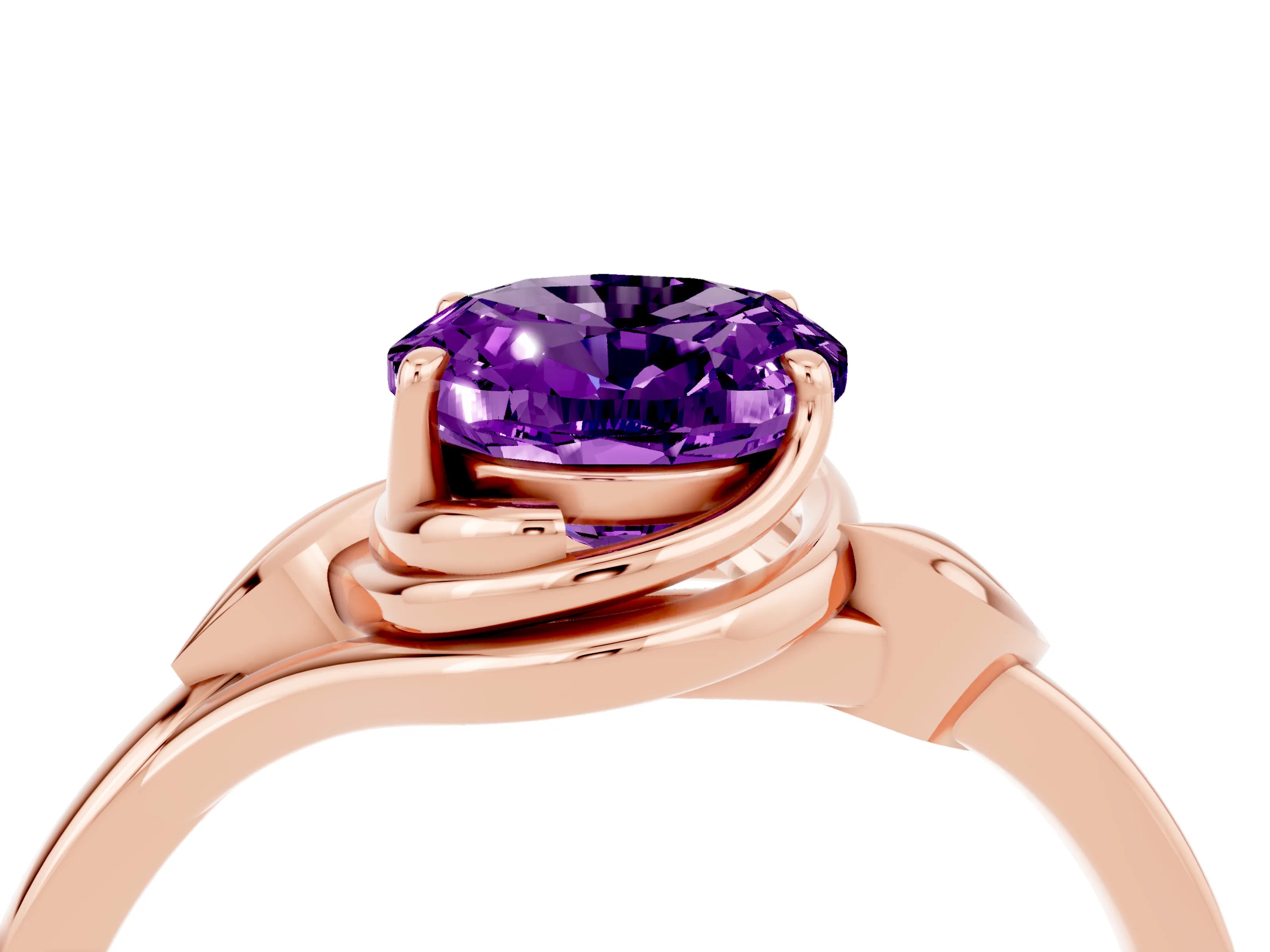 Rose gold Oval Cut Amethyst Solitaire Ring with Twist Band and Four-Prong Setting_28