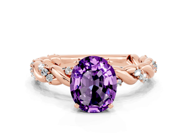 Rose gold Oval Cut Amethyst Solitaire Ring with Twisted Band and Pavé Accents
