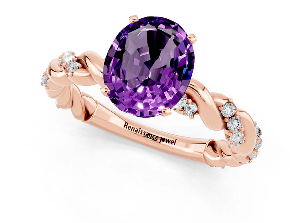 Rose gold Oval Cut Amethyst Solitaire Ring with Twisted Band and Pavé Accents