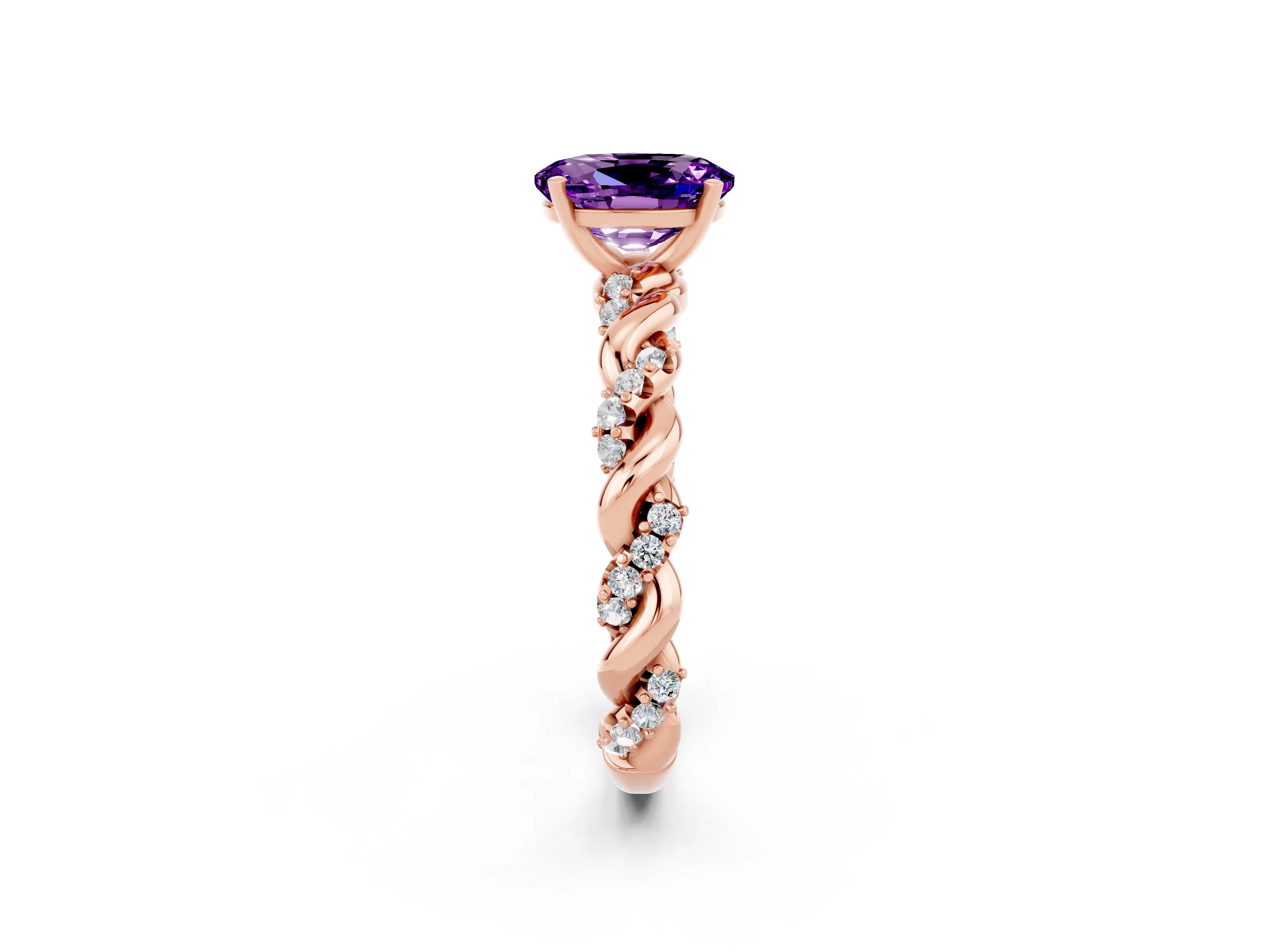 Rose gold Oval Cut Amethyst Solitaire Ring with Twisted Band and Pavé Accents_2