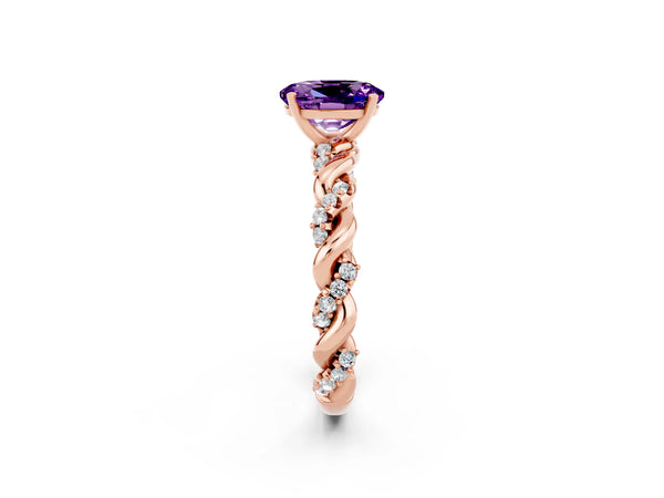 Rose gold Oval Cut Amethyst Solitaire Ring with Twisted Band and Pavé Accents