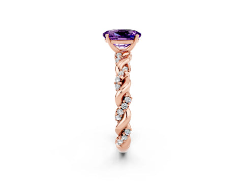 Rose gold Oval Cut Amethyst Solitaire Ring with Twisted Band and Pavé Accents_2