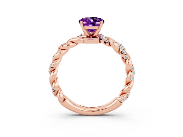 Rose gold Oval Cut Amethyst Solitaire Ring with Twisted Band and Pavé Accents