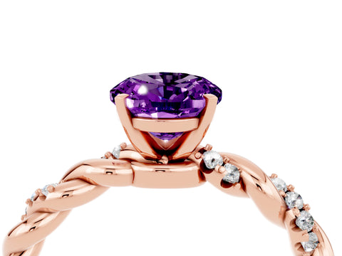 Rose gold Oval Cut Amethyst Solitaire Ring with Twisted Band and Pavé Accents_4