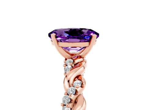 Rose gold Oval Cut Amethyst Solitaire Ring with Twisted Band and Pavé Accents_5