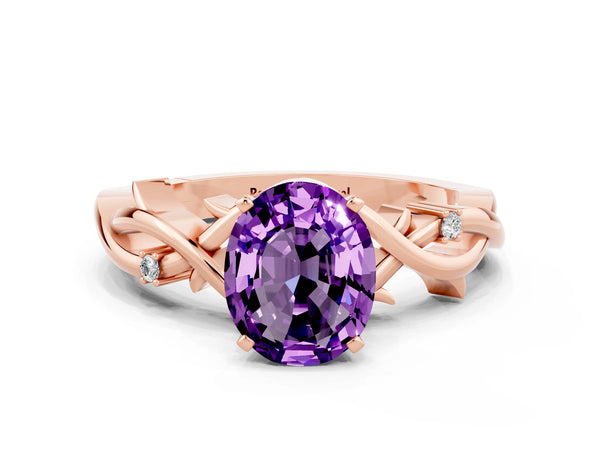 Rose gold Oval Cut Amethyst Solitaire Ring with Twisted Band and Prong Setting