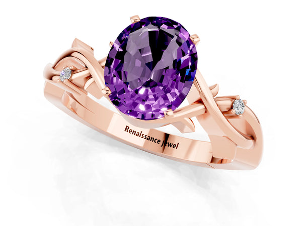 Rose gold Oval Cut Amethyst Solitaire Ring with Twisted Band and Prong Setting