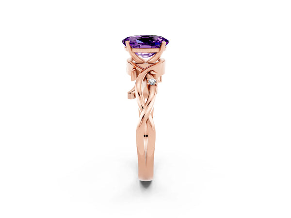 Rose gold Oval Cut Amethyst Solitaire Ring with Twisted Band and Prong Setting