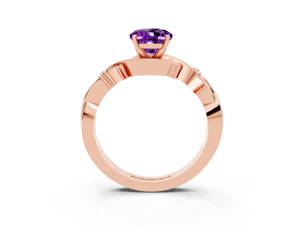 Rose gold Oval Cut Amethyst Solitaire Ring with Twisted Band and Prong Setting