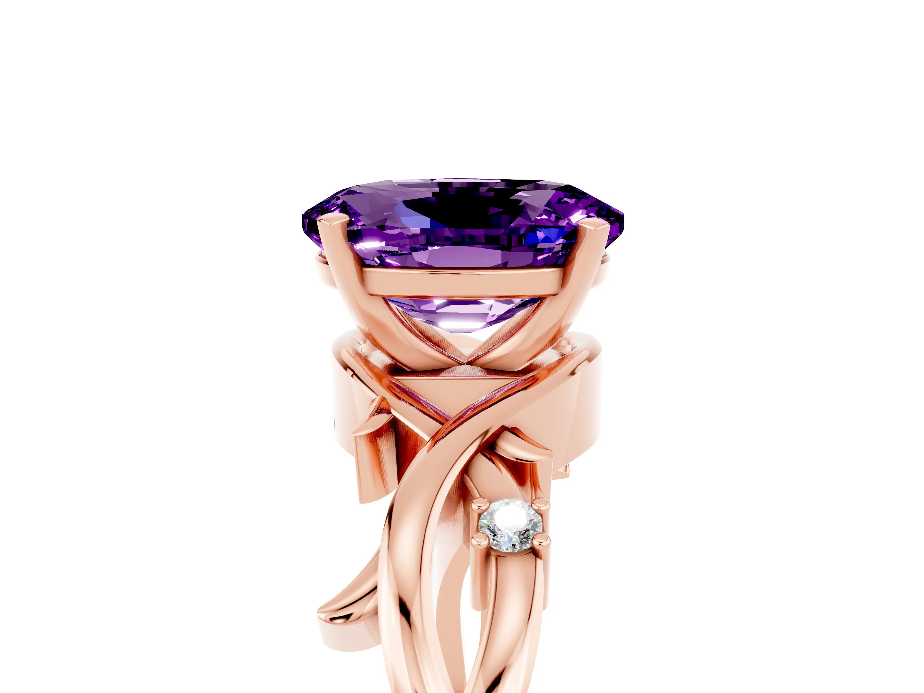 Rose gold Oval Cut Amethyst Solitaire Ring with Twisted Band and Prong Setting_5