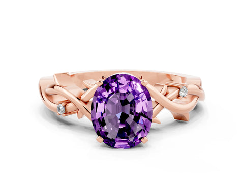 Rose gold Oval Cut Amethyst Solitaire Ring with Twisted Band and Prong Setting