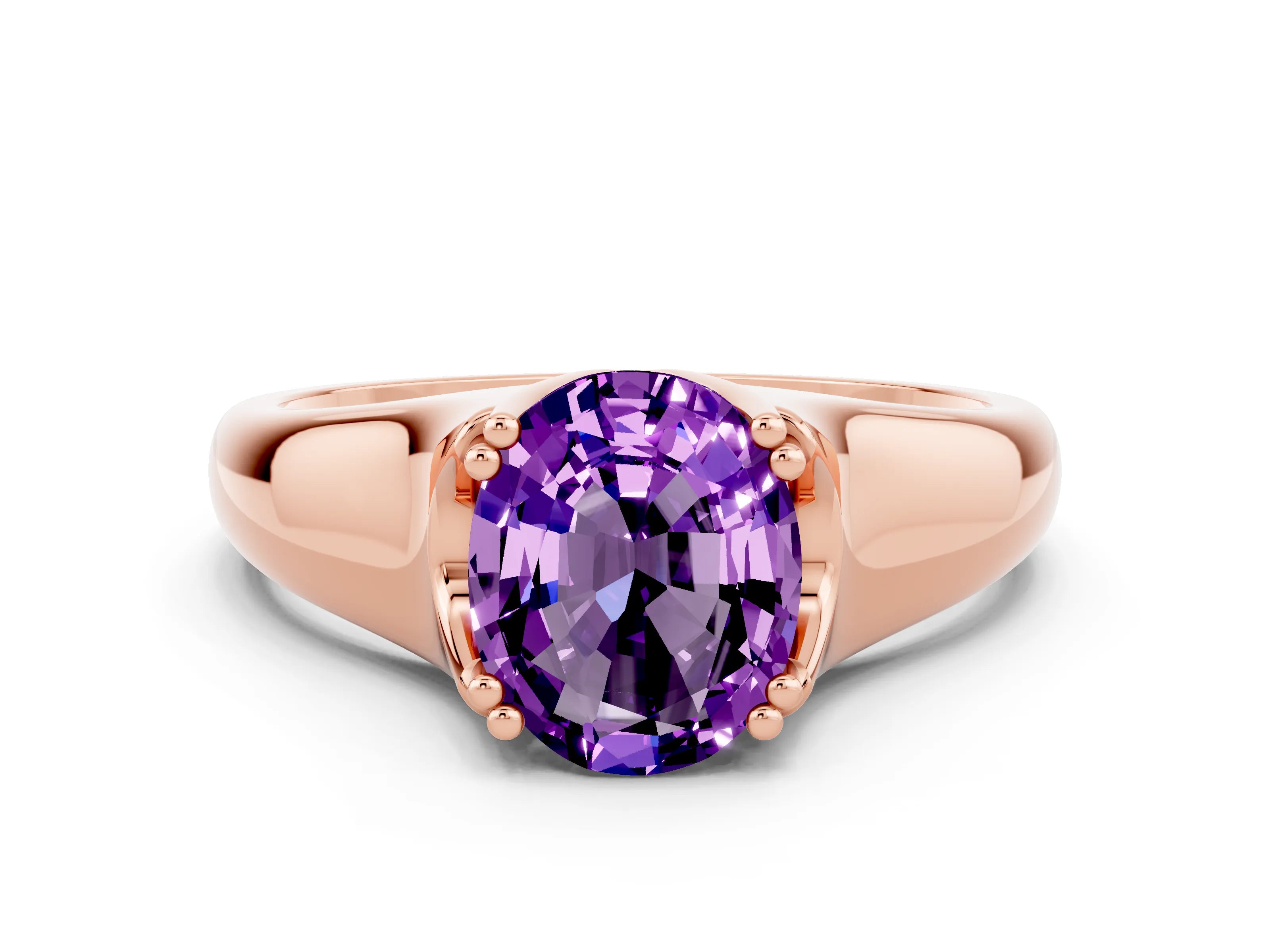 Rose gold Oval Cut Amethyst Solitaire Ring with Wide Band and Prong Setting