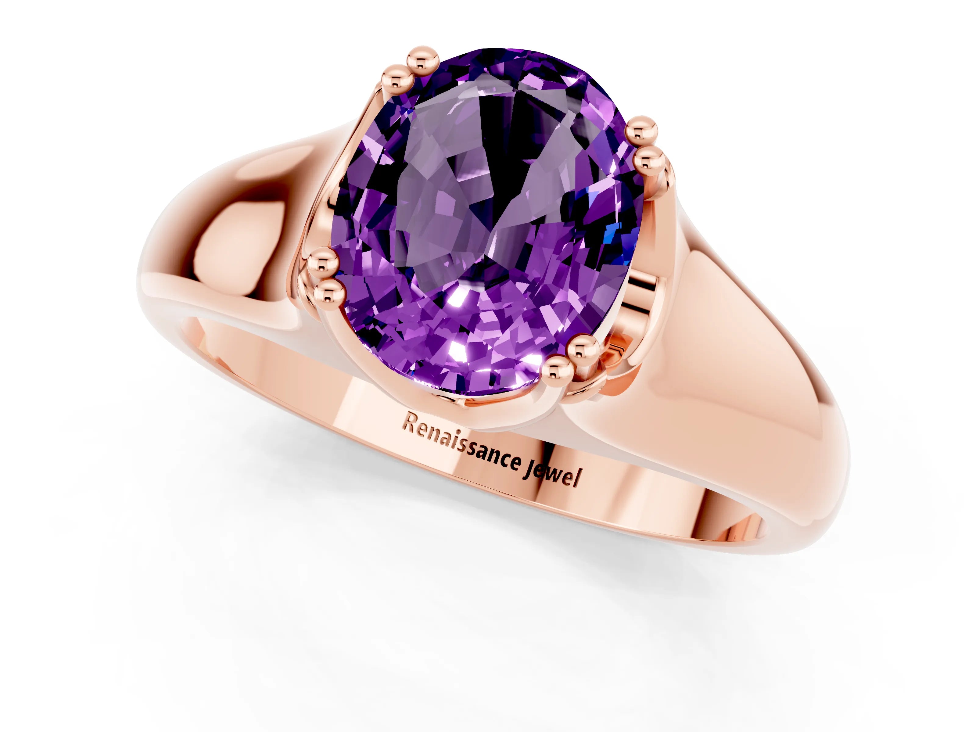 Rose gold Oval Cut Amethyst Solitaire Ring with Wide Band and Prong Setting_1