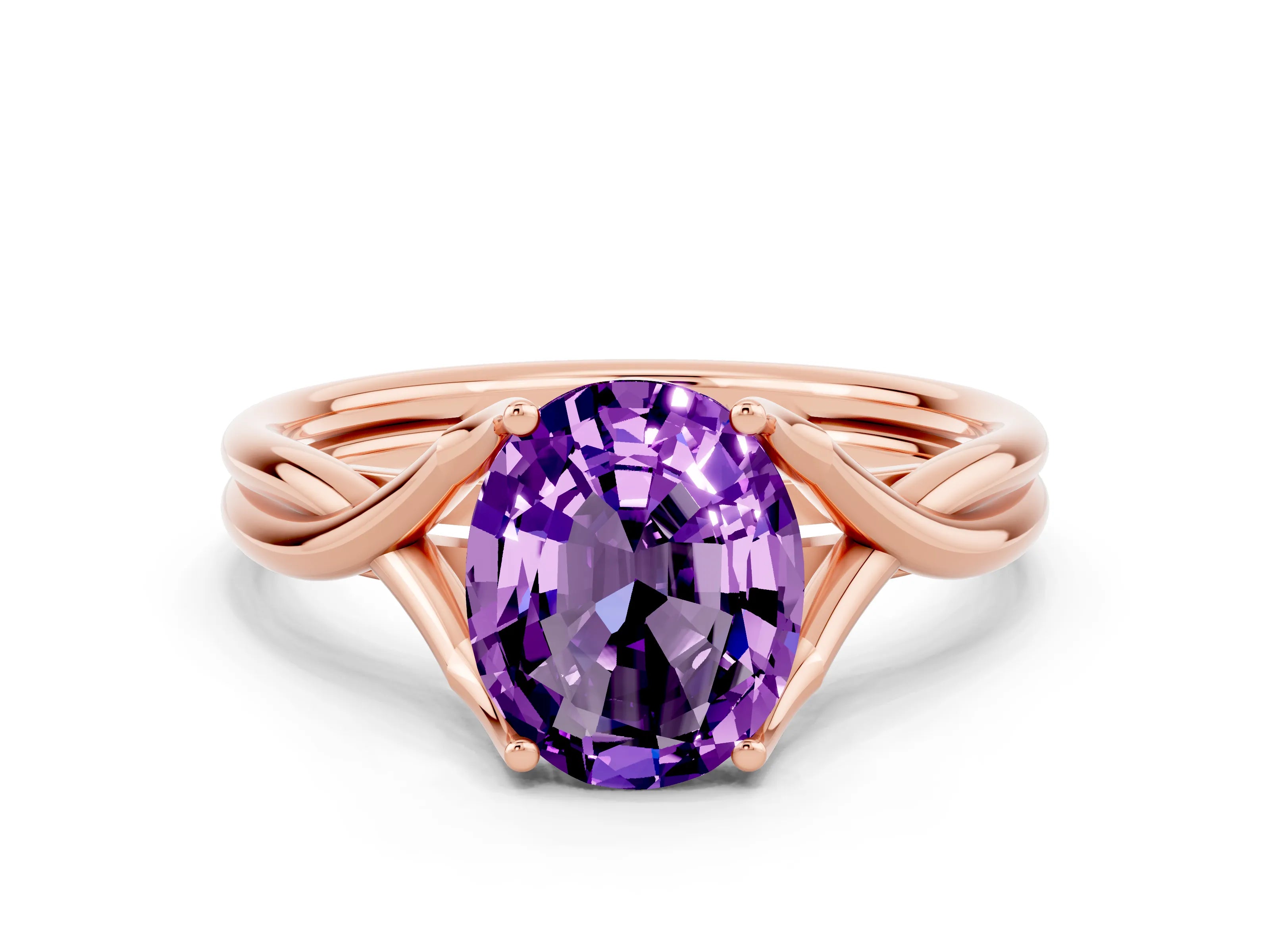 Rose gold Oval Cut Amethyst Solitaire Twist Band Prong Setting Ring_24