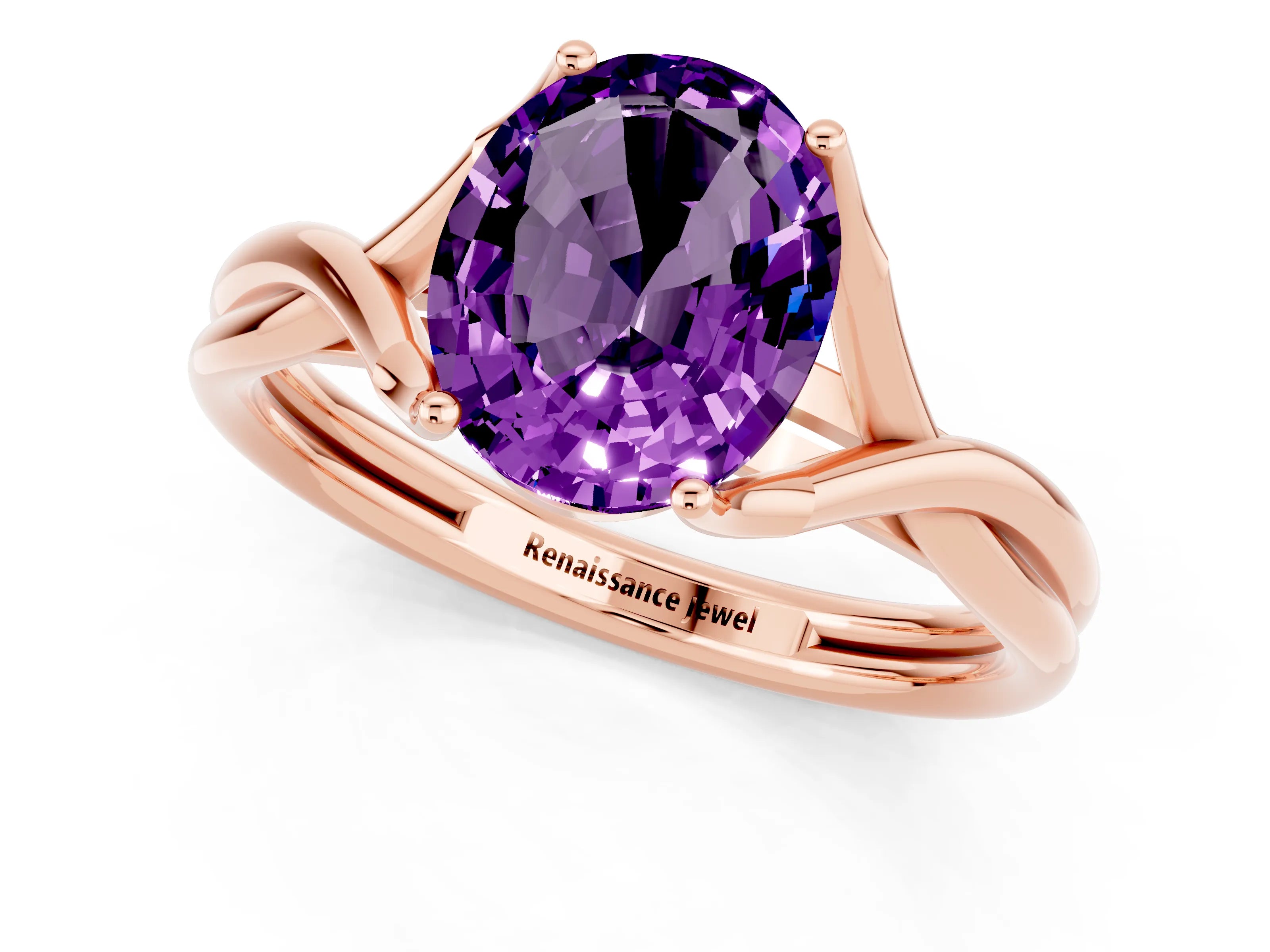 Rose gold Oval Cut Amethyst Solitaire Twist Band Prong Setting Ring_25
